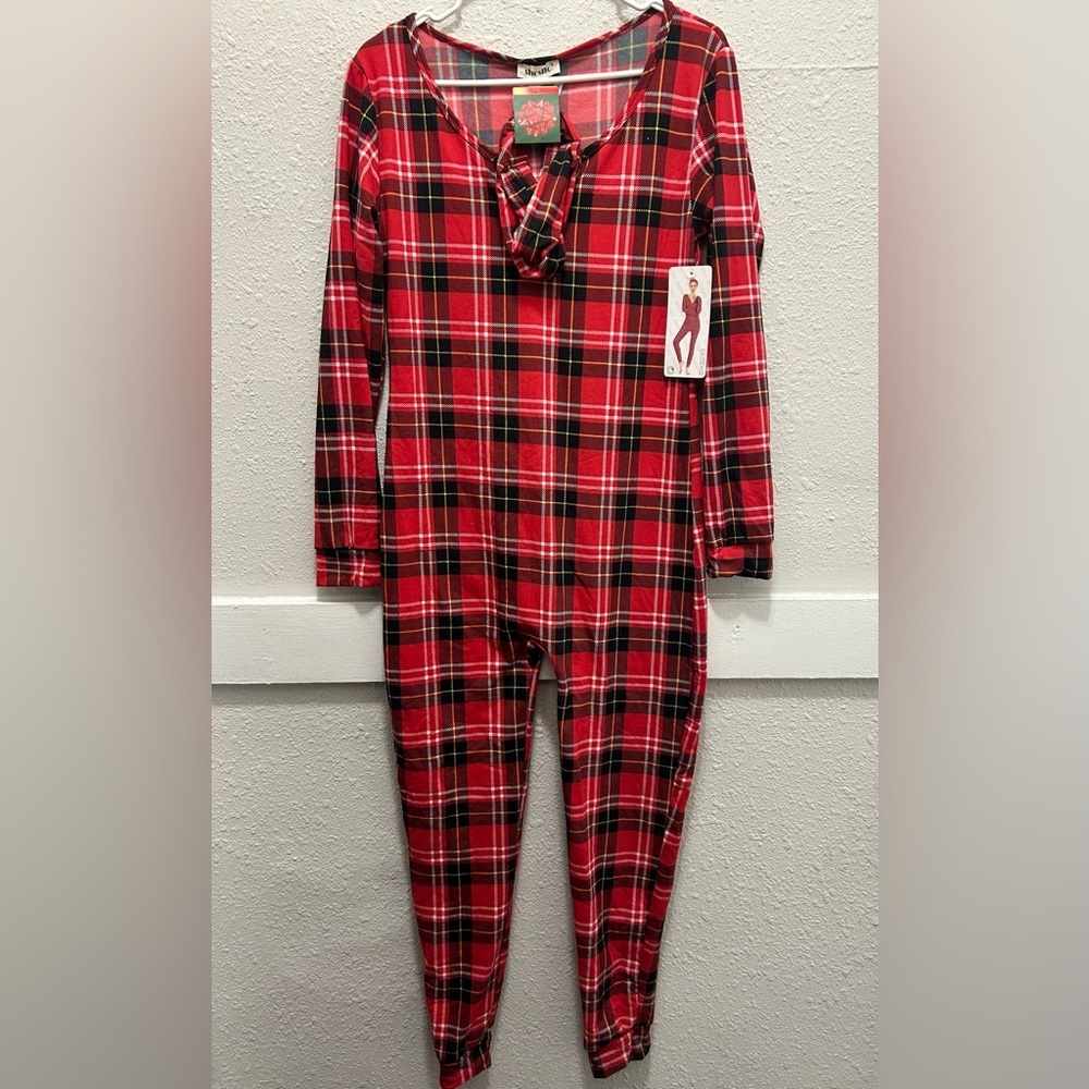 ShoSho Red Plaid Fleece Lined Holiday Onesie with Headband NWT Large